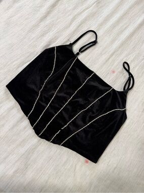 Black Rhinestone-Line Crop Tank Top with Adjustable Straps